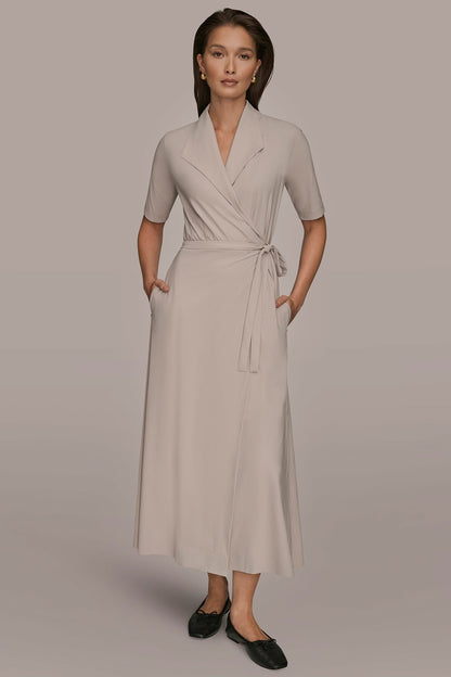 THE MODERN TRAVEL ELBOW-SLEEVE MIDI WRAP DRESS - VAPOR