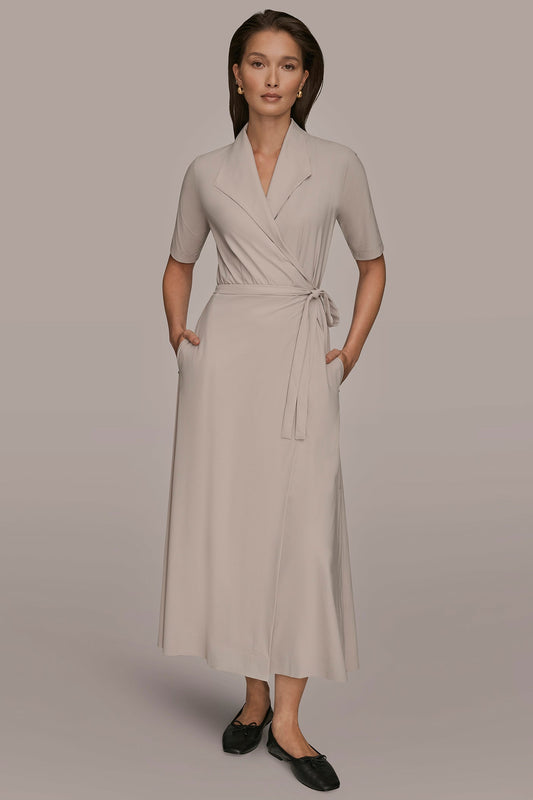 THE MODERN TRAVEL ELBOW-SLEEVE MIDI WRAP DRESS - VAPOR