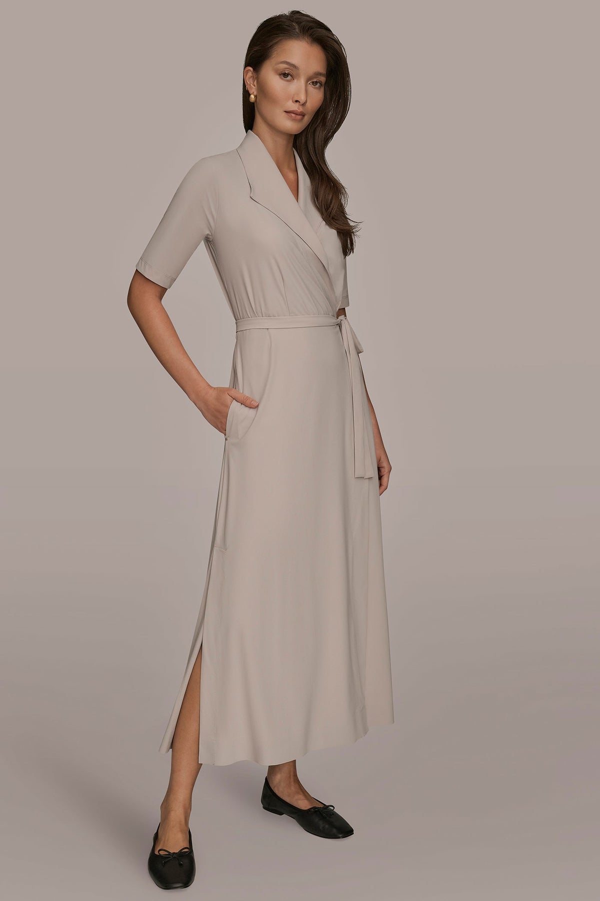 THE MODERN TRAVEL ELBOW-SLEEVE MIDI WRAP DRESS - VAPOR
