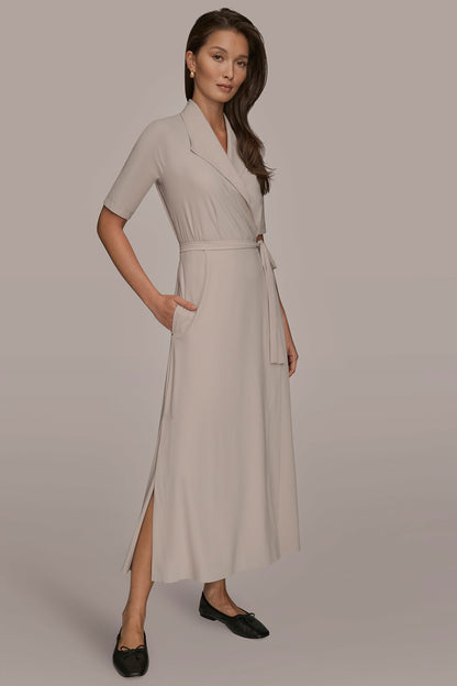 THE MODERN TRAVEL ELBOW-SLEEVE MIDI WRAP DRESS - VAPOR