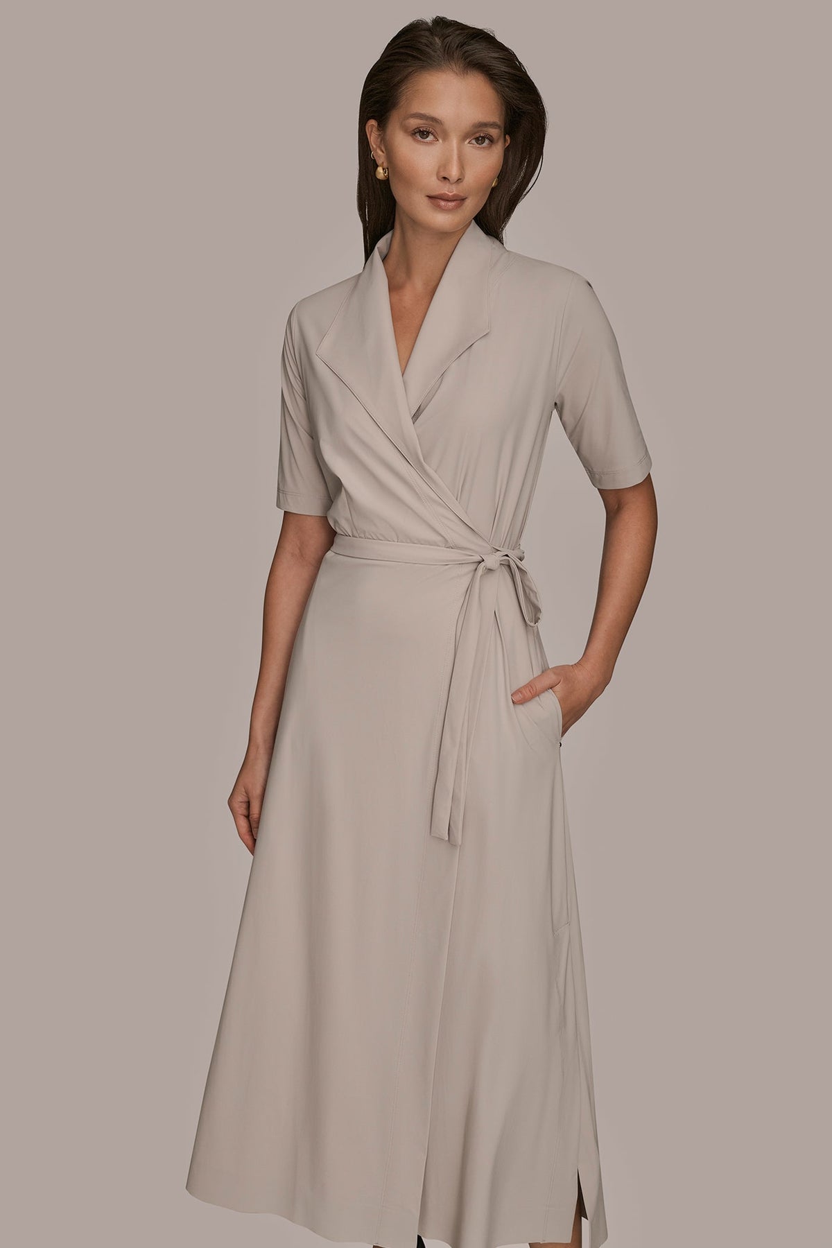 THE MODERN TRAVEL ELBOW-SLEEVE MIDI WRAP DRESS - VAPOR