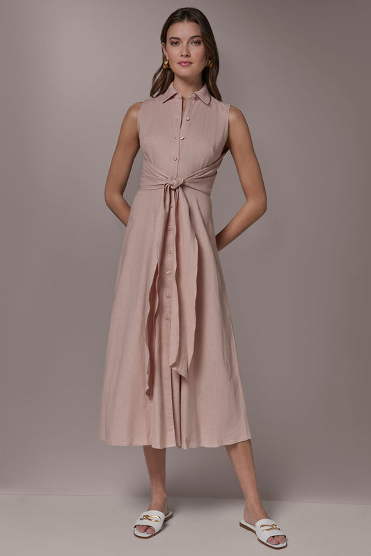 LINEN-BLEND MIDI SHIRT DRESS - Snow Petal