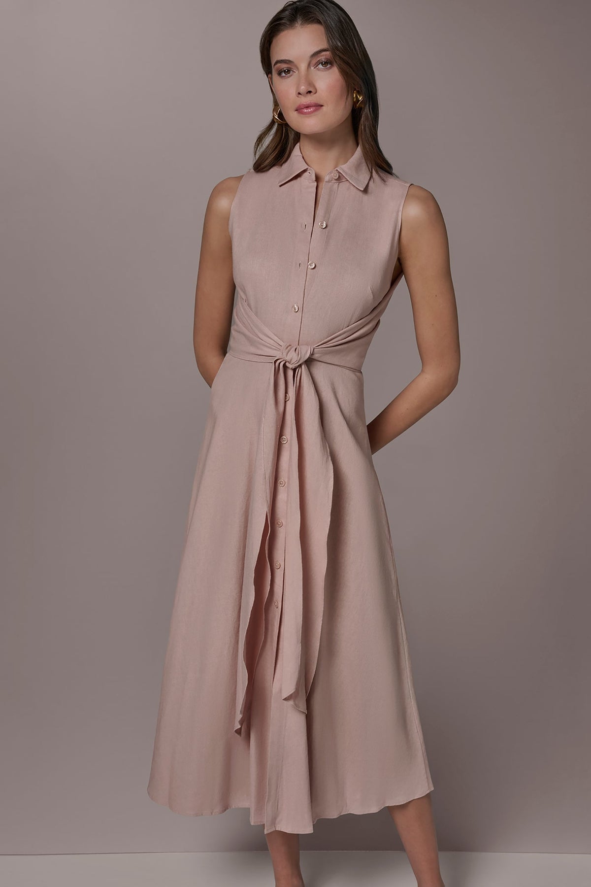 LINEN-BLEND MIDI SHIRT DRESS - Snow Petal