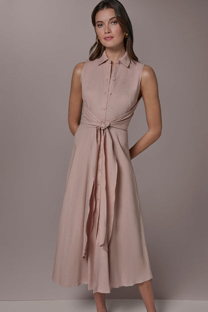 LINEN-BLEND MIDI SHIRT DRESS - Snow Petal