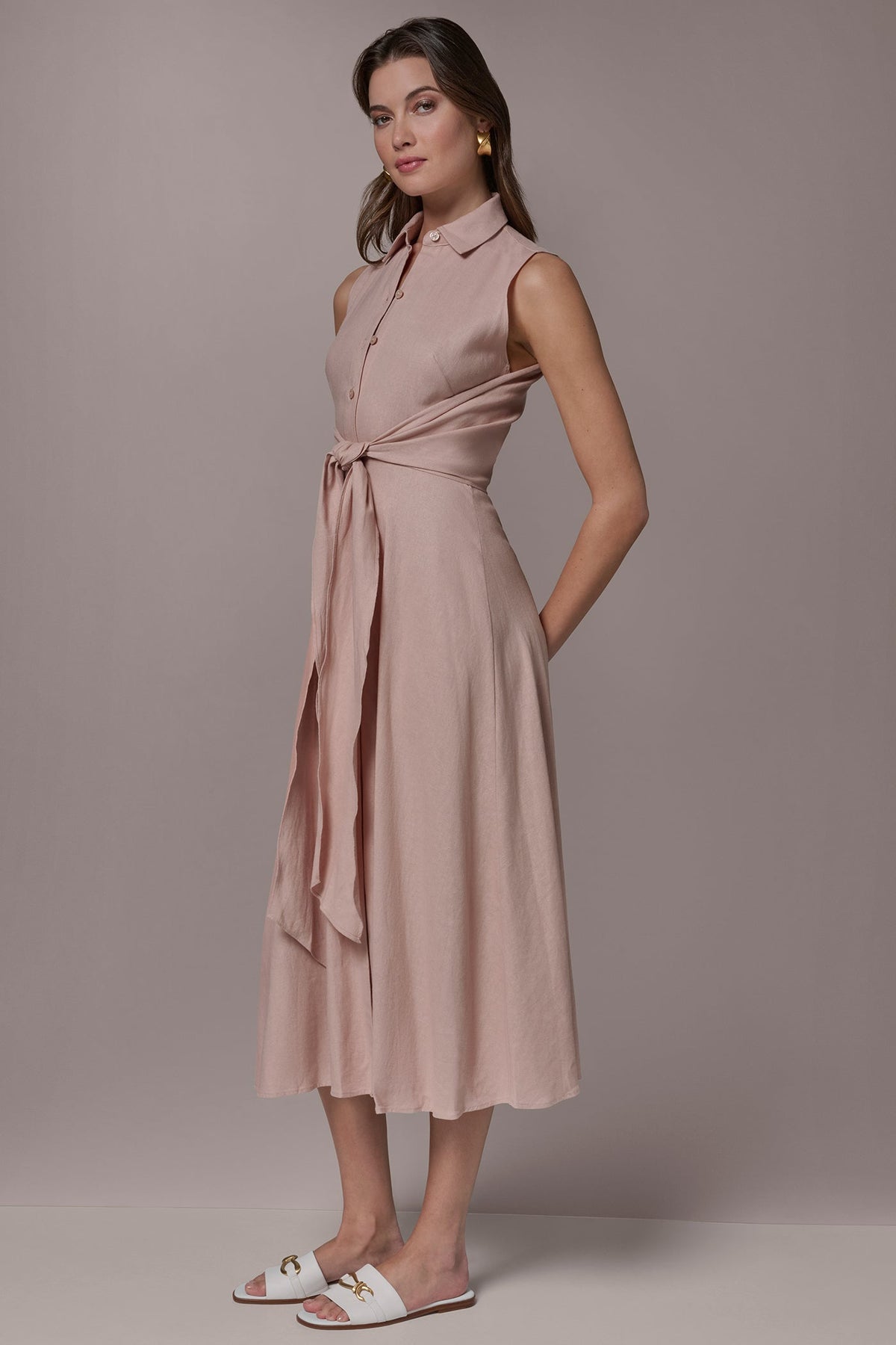 LINEN-BLEND MIDI SHIRT DRESS - Snow Petal
