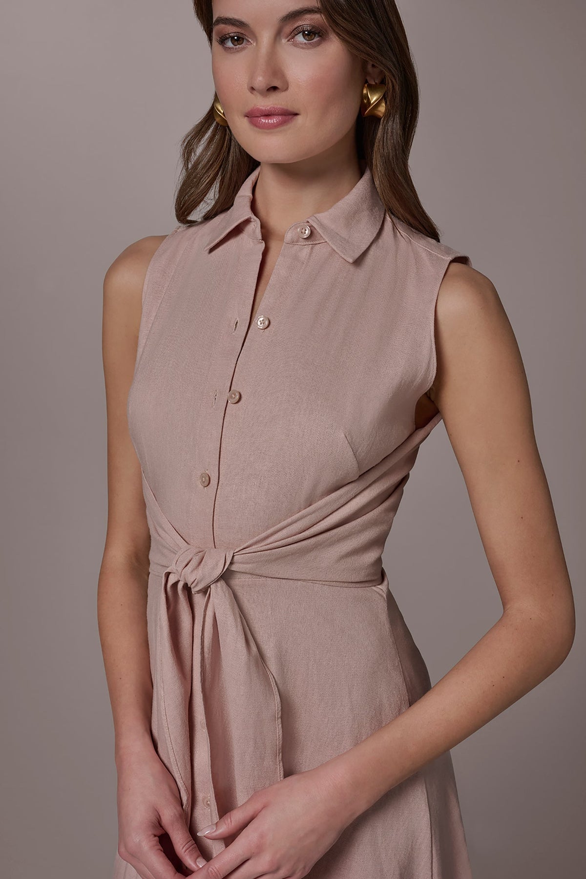 LINEN-BLEND MIDI SHIRT DRESS - Snow Petal