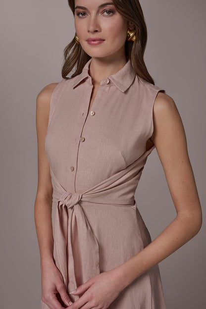 LINEN-BLEND MIDI SHIRT DRESS - Snow Petal