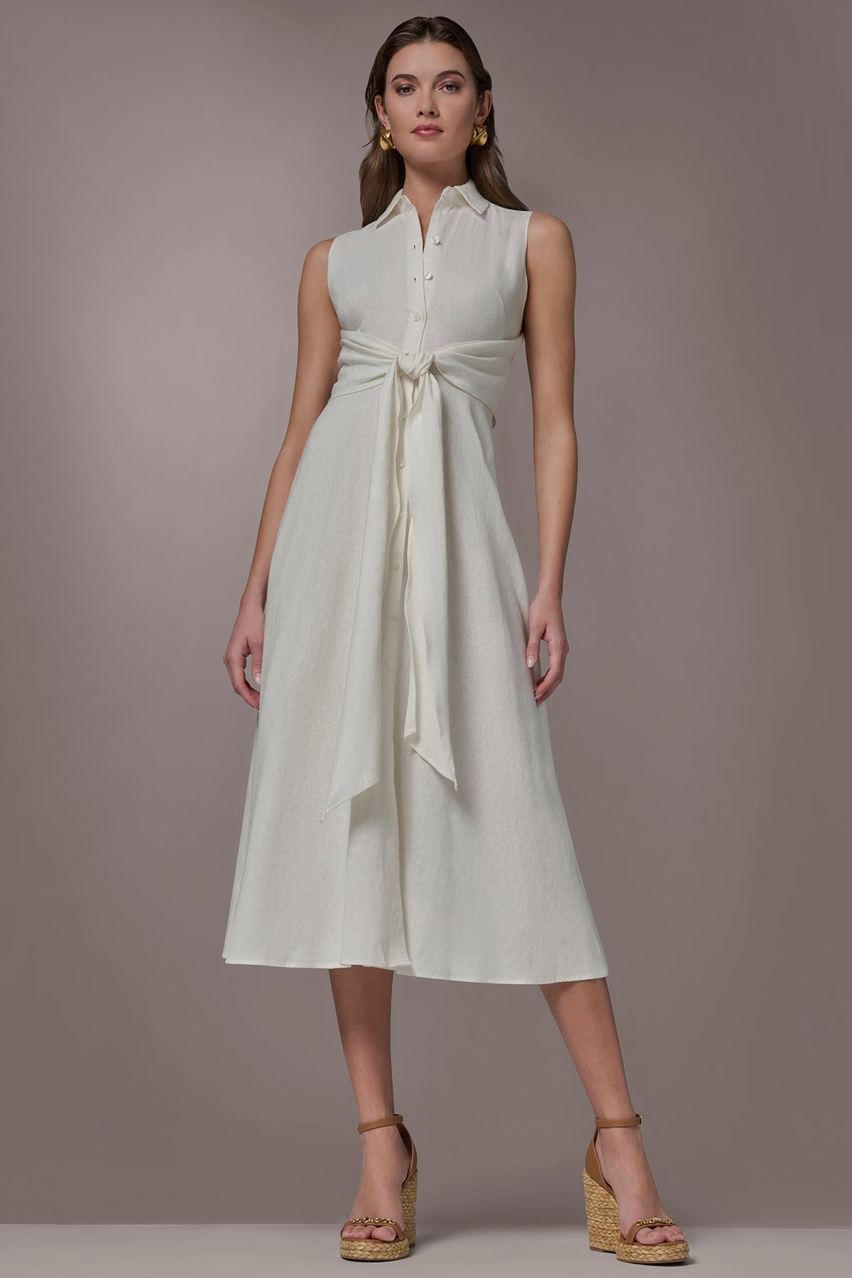 LINEN-BLEND MIDI SHIRT DRESS - Cream