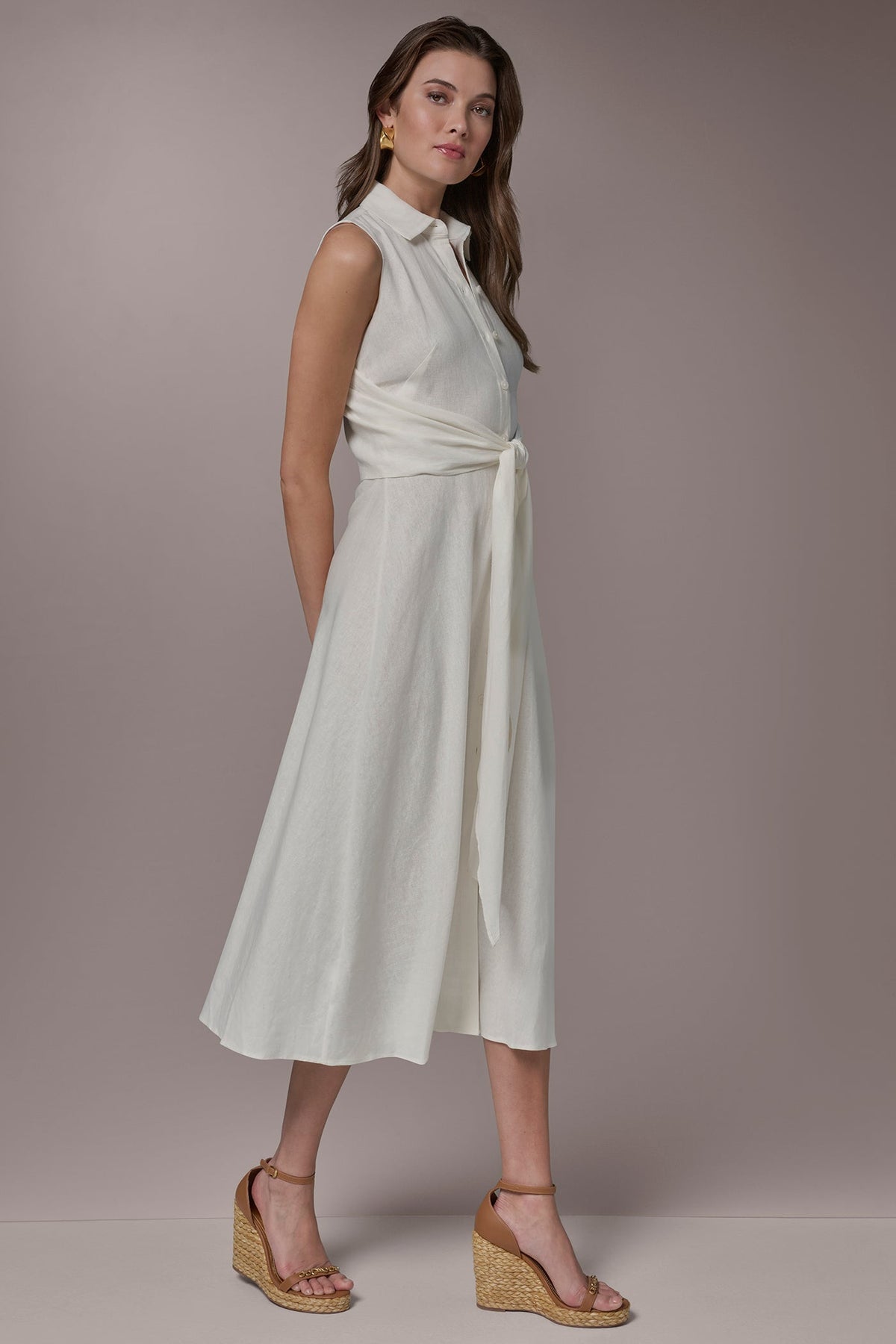 LINEN-BLEND MIDI SHIRT DRESS - Cream