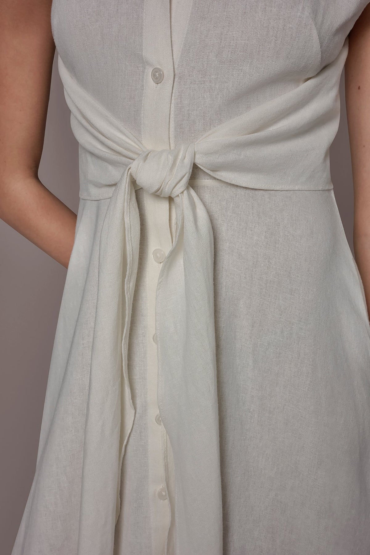 LINEN-BLEND MIDI SHIRT DRESS - Cream