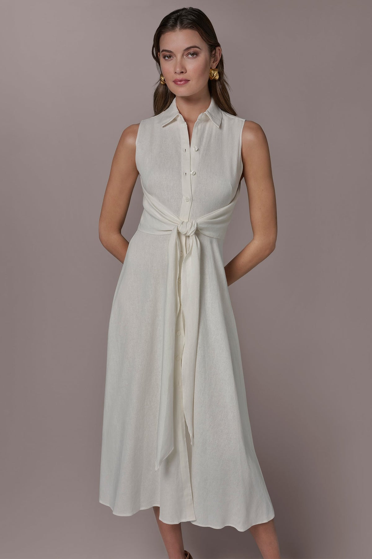 LINEN-BLEND MIDI SHIRT DRESS - Cream