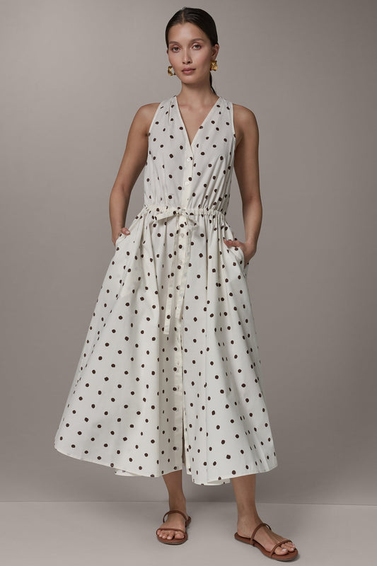 SLEEVELESS MIDI HALTER DRESS - Cream Distressed Dot