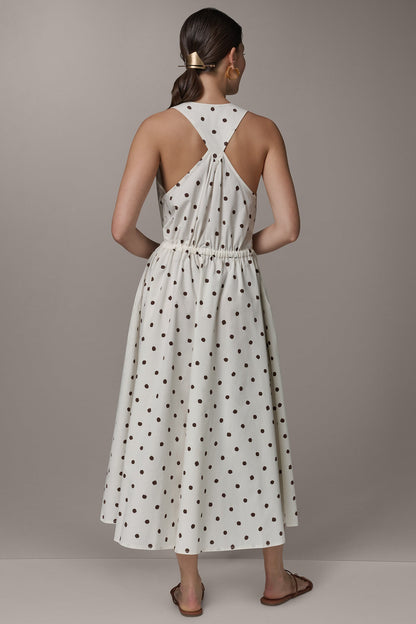 SLEEVELESS MIDI HALTER DRESS - Cream Distressed Dot
