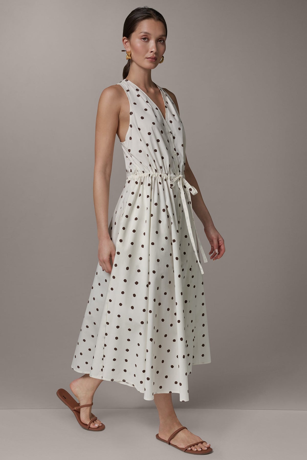 SLEEVELESS MIDI HALTER DRESS - Cream Distressed Dot