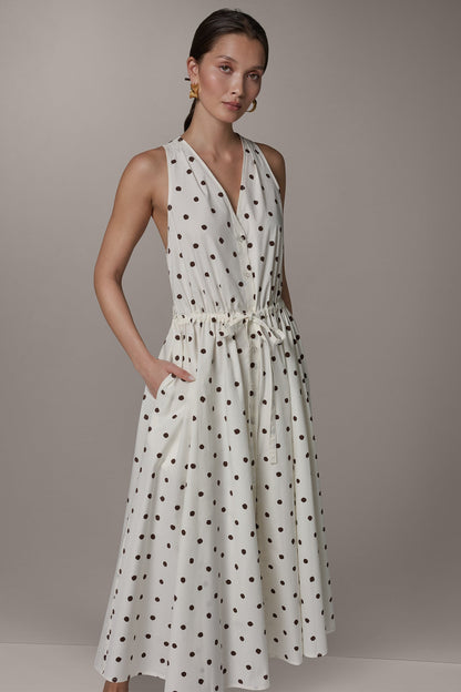 SLEEVELESS MIDI HALTER DRESS - Cream Distressed Dot