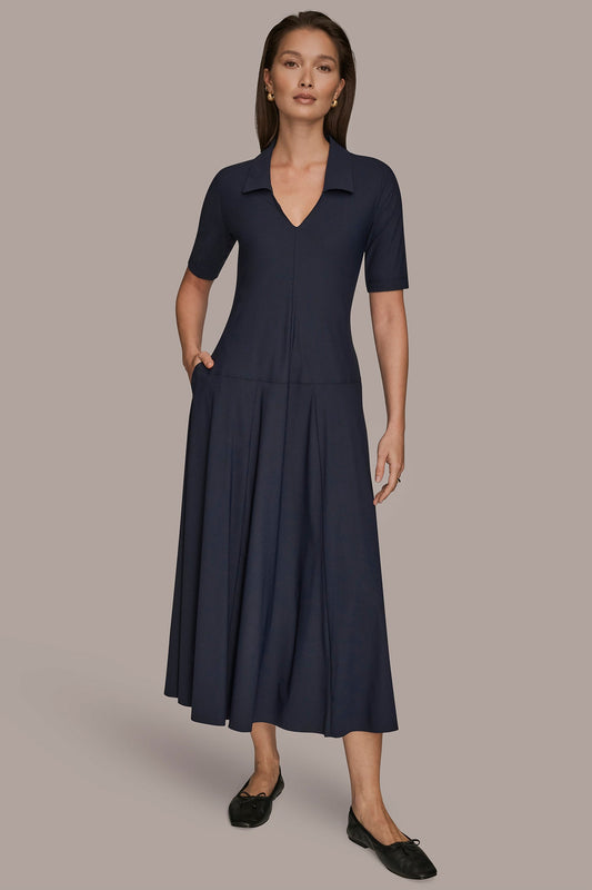 THE MODERN TRAVEL ELBOW SLEEVE MIDI POLO DRESS - NIGHTFALL