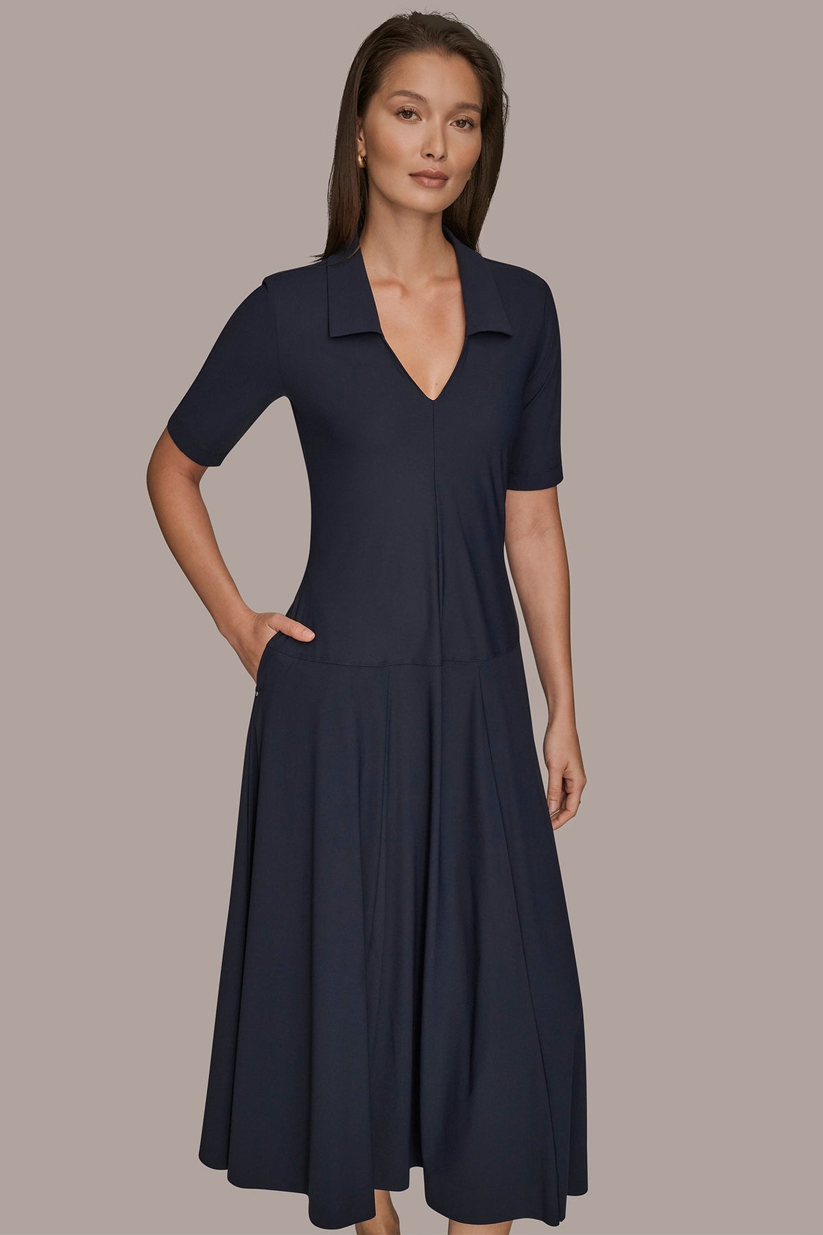 THE MODERN TRAVEL ELBOW SLEEVE MIDI POLO DRESS - NIGHTFALL
