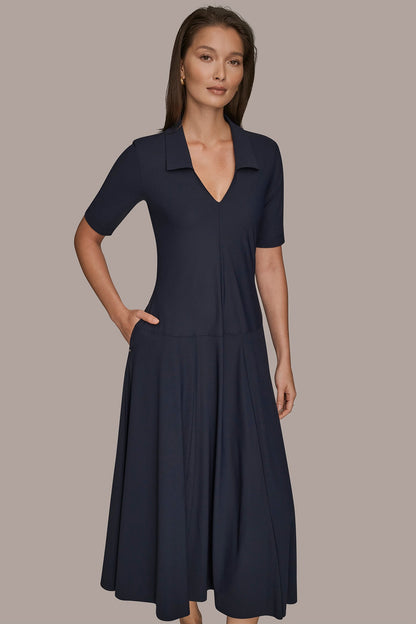 THE MODERN TRAVEL ELBOW SLEEVE MIDI POLO DRESS - NIGHTFALL