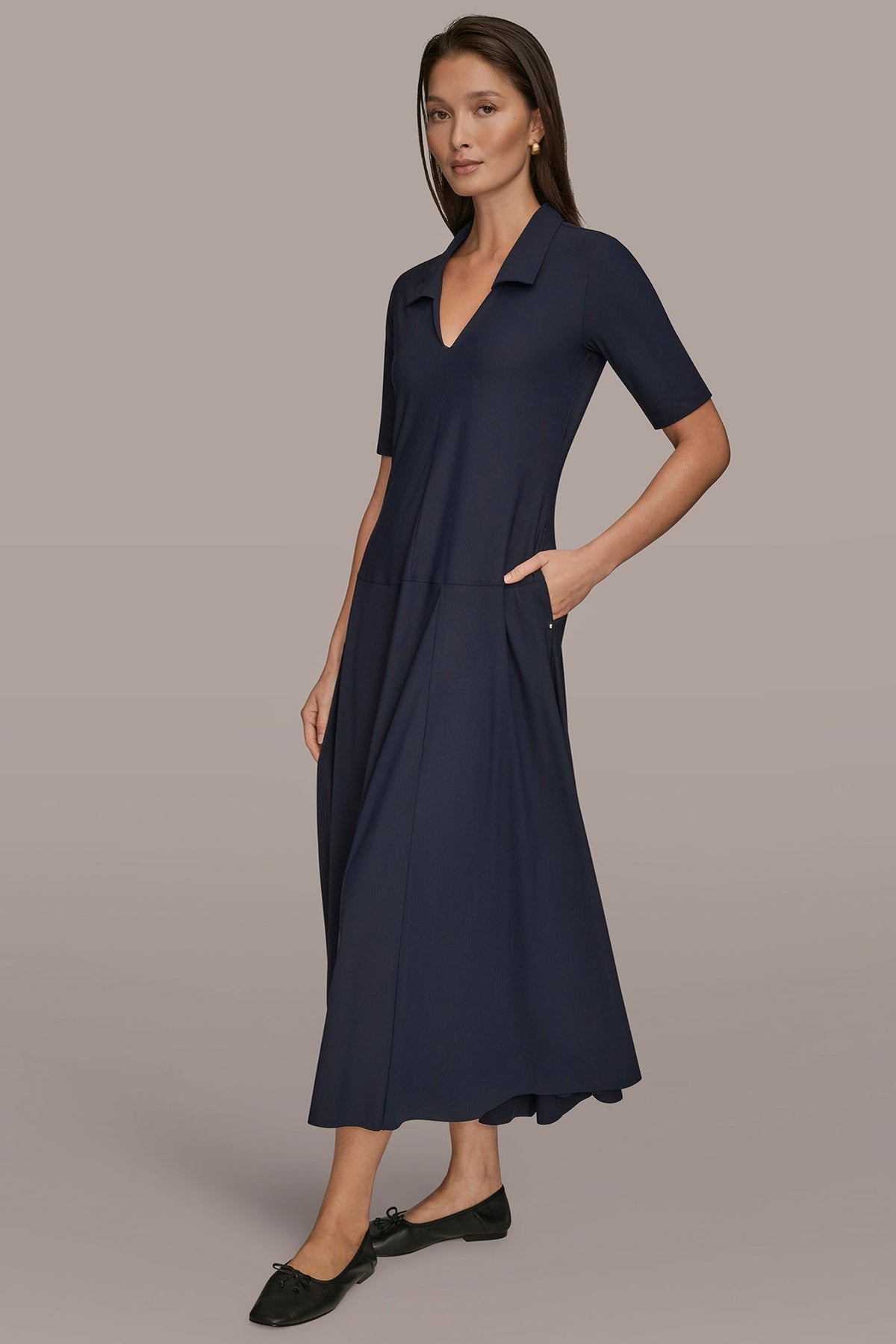 THE MODERN TRAVEL ELBOW SLEEVE MIDI POLO DRESS - NIGHTFALL