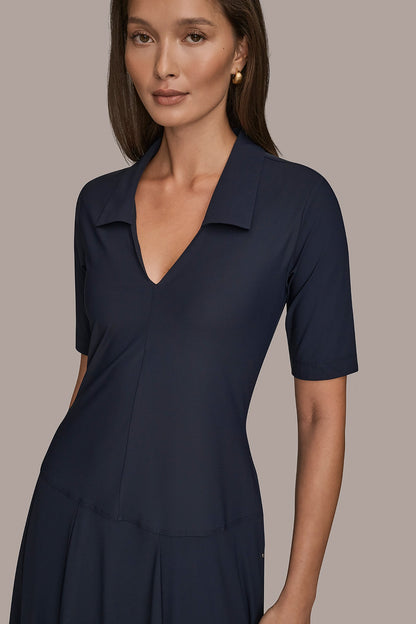 THE MODERN TRAVEL ELBOW SLEEVE MIDI POLO DRESS - NIGHTFALL