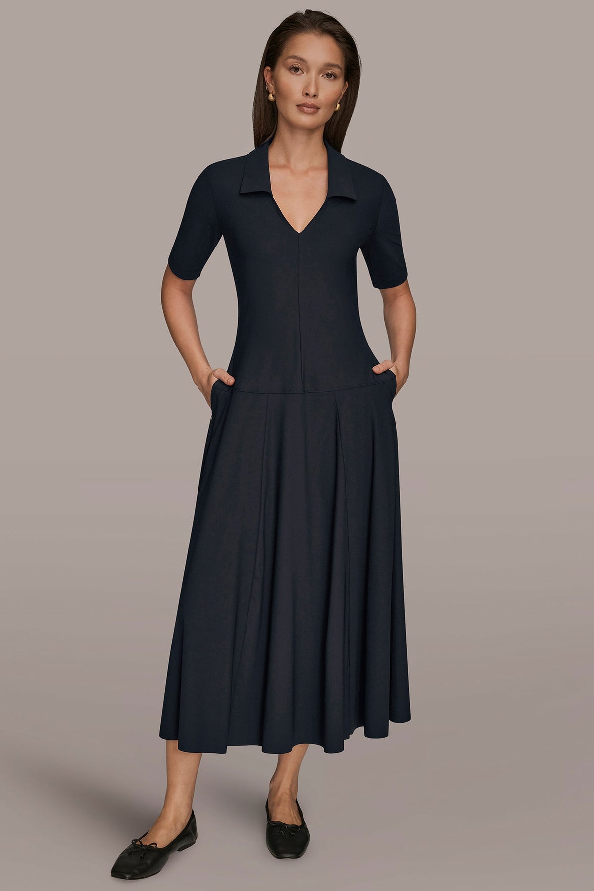 THE MODERN TRAVEL ELBOW SLEEVE MIDI POLO DRESS - Black