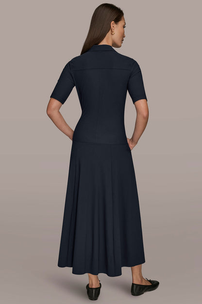 THE MODERN TRAVEL ELBOW SLEEVE MIDI POLO DRESS - Black