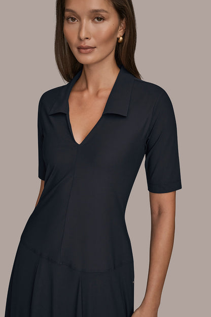 THE MODERN TRAVEL ELBOW SLEEVE MIDI POLO DRESS - Black