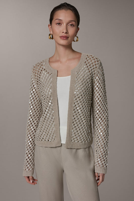 LONG SLEEVE PEARL SEQUIN CARDIGAN - Sandstone