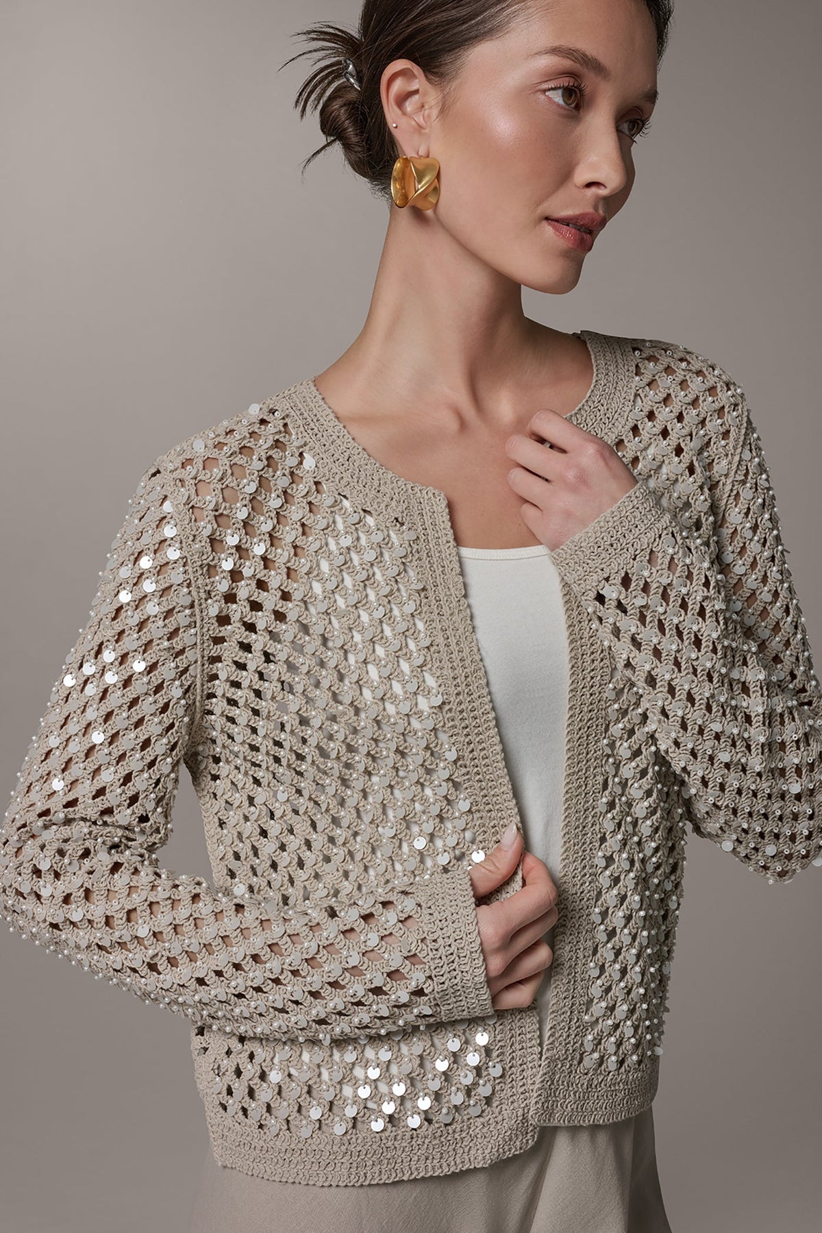 LONG SLEEVE PEARL SEQUIN CARDIGAN - Sandstone