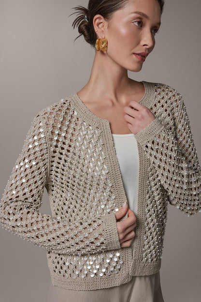 LONG SLEEVE PEARL SEQUIN CARDIGAN - Sandstone