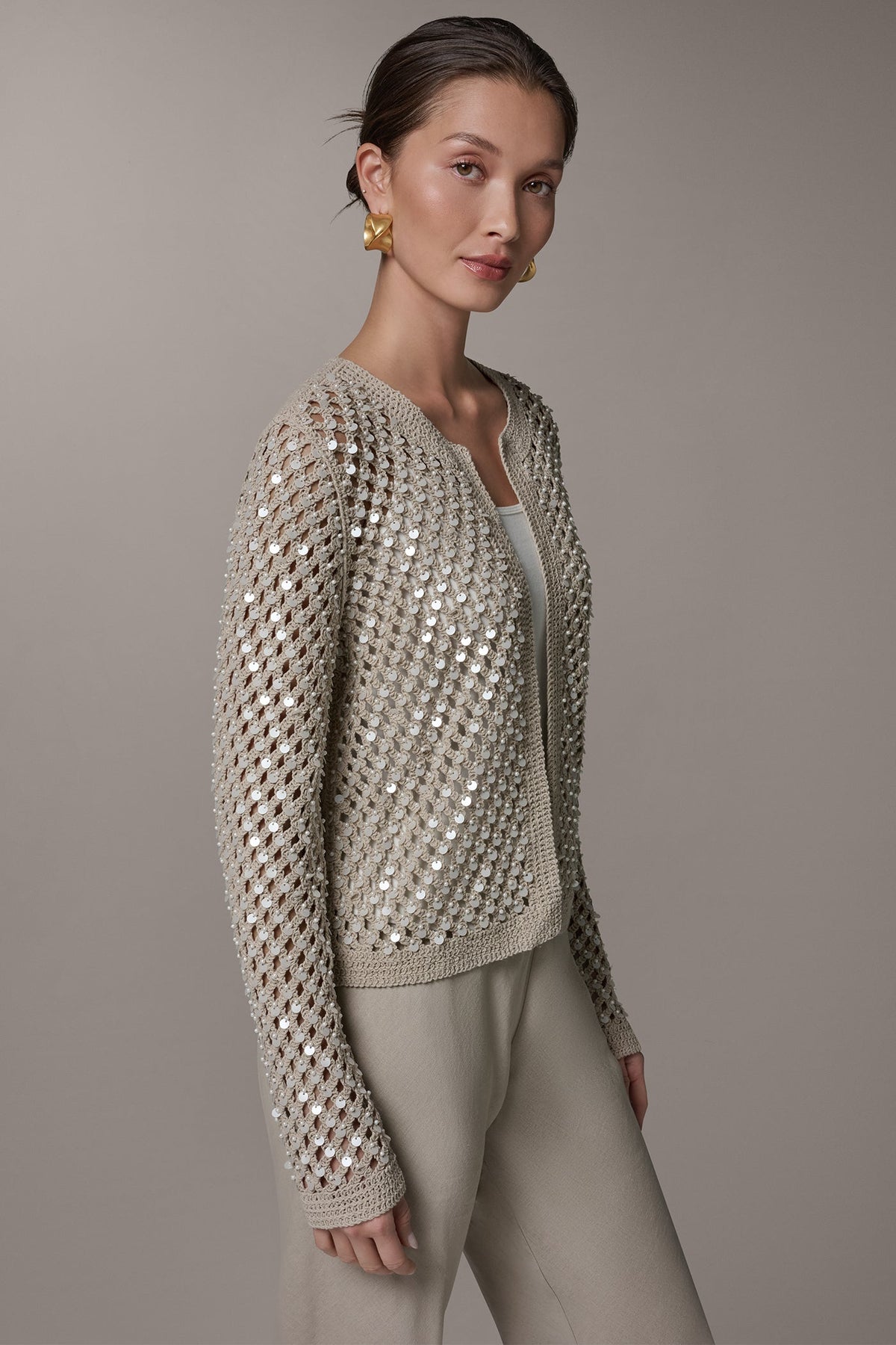 LONG SLEEVE PEARL SEQUIN CARDIGAN - Sandstone