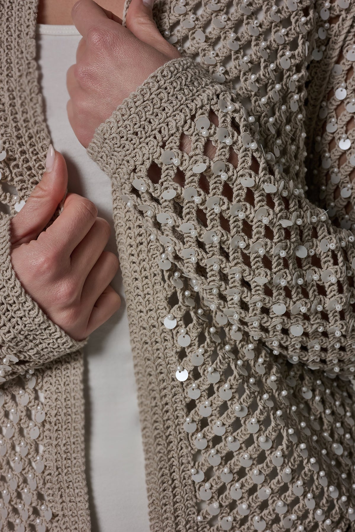 LONG SLEEVE PEARL SEQUIN CARDIGAN - Sandstone