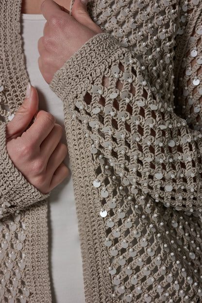 LONG SLEEVE PEARL SEQUIN CARDIGAN - Sandstone