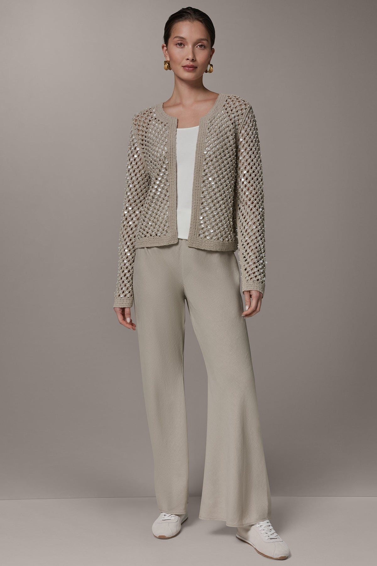 LONG SLEEVE PEARL SEQUIN CARDIGAN - Sandstone