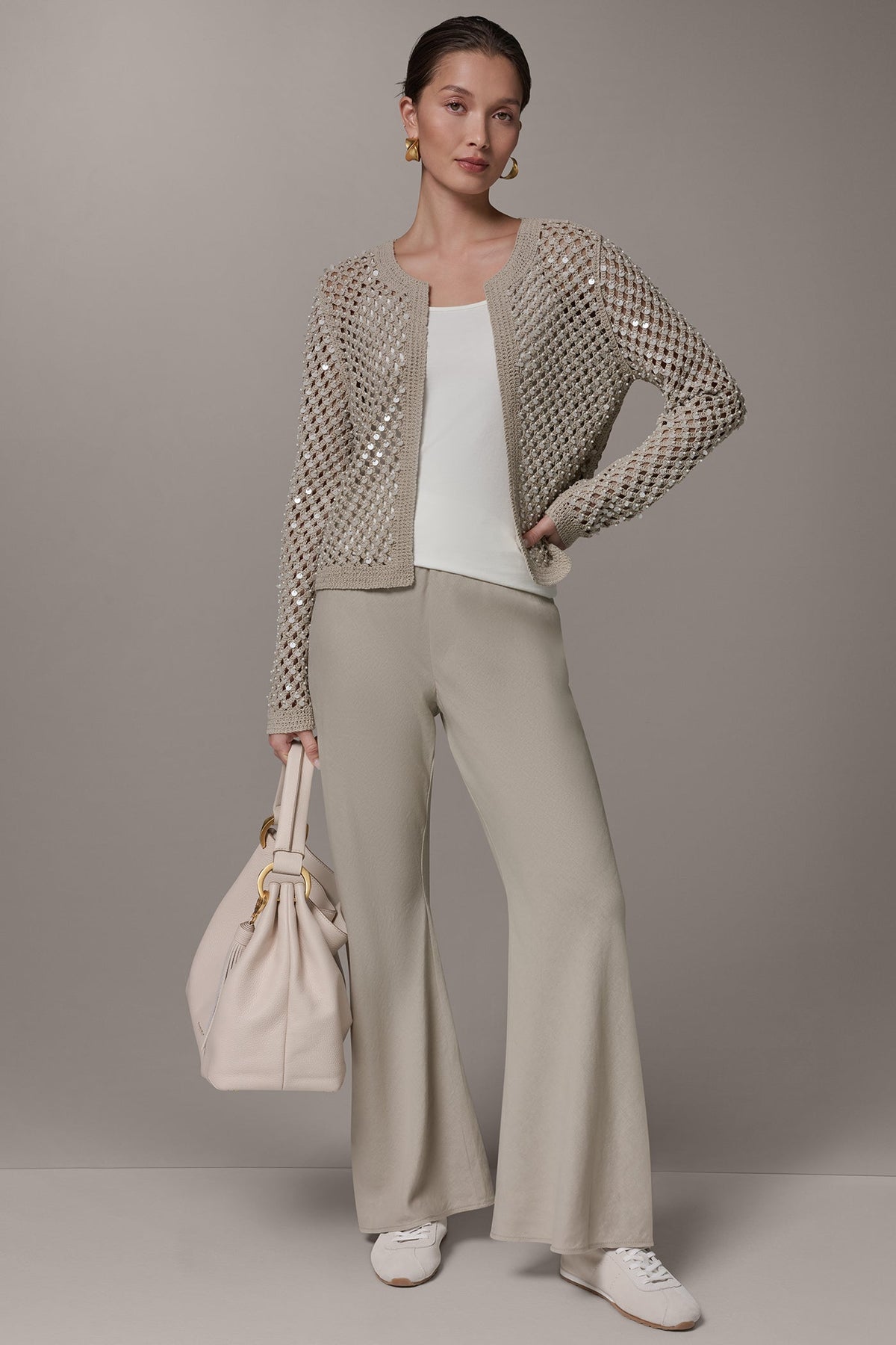 LONG SLEEVE PEARL SEQUIN CARDIGAN - Sandstone