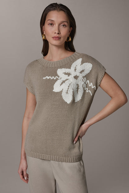 SLEEVELESS FLORAL SWEATER - Sandstone/Cream
