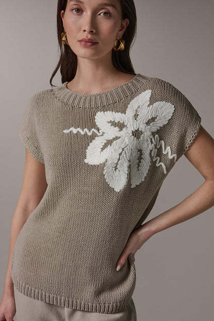 SLEEVELESS FLORAL SWEATER - Sandstone/Cream