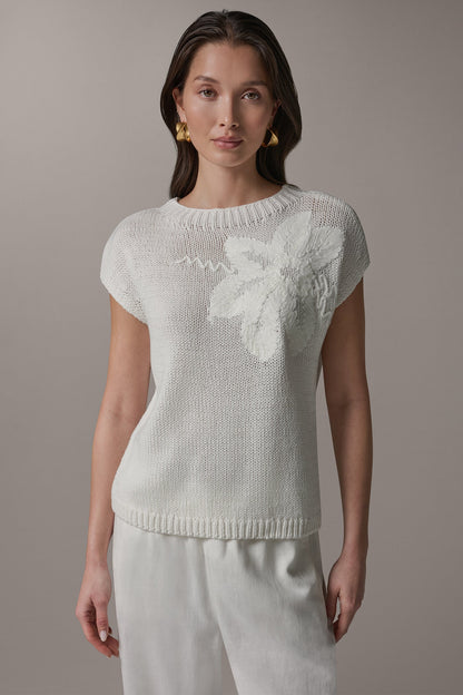 SLEEVELESS FLORAL SWEATER - Cream