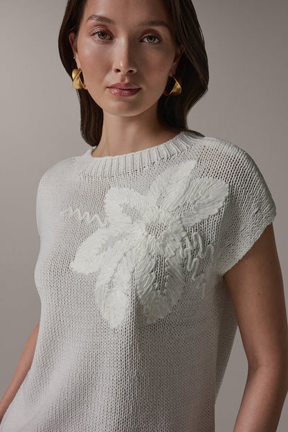 SLEEVELESS FLORAL SWEATER - Cream