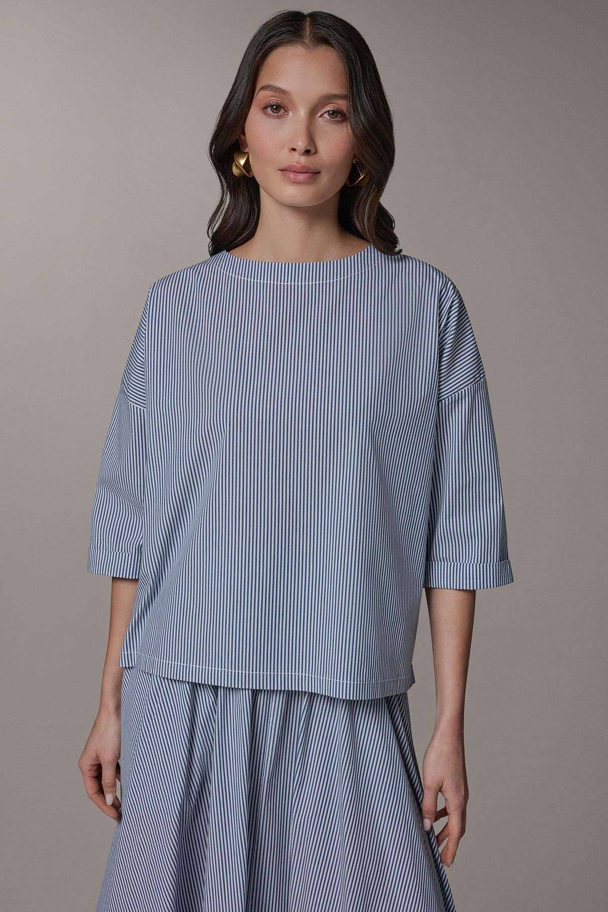 3/4 SLEEVE STRIPE BLOUSE - Nightfall/Cream