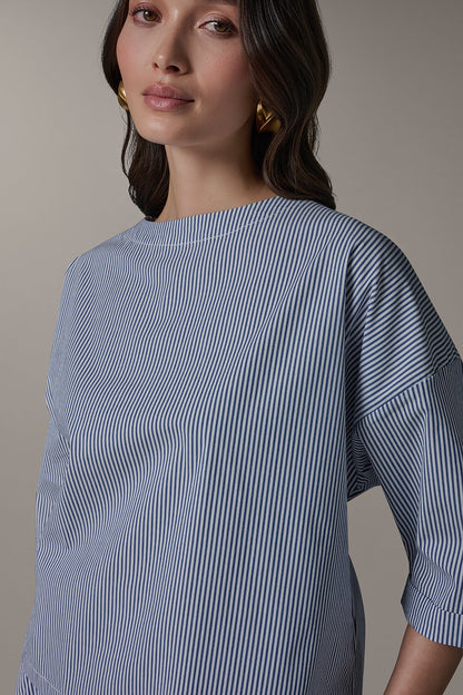 3/4 SLEEVE STRIPE BLOUSE - Nightfall/Cream