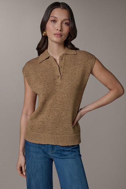 SLEEVELESS POLO SWEATER - Fawn