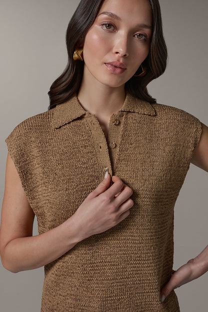 SLEEVELESS POLO SWEATER - Fawn