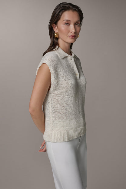 SLEEVELESS POLO SWEATER - Cream