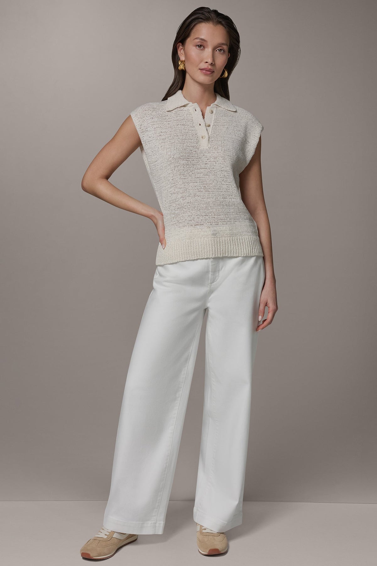 SLEEVELESS POLO SWEATER - Cream
