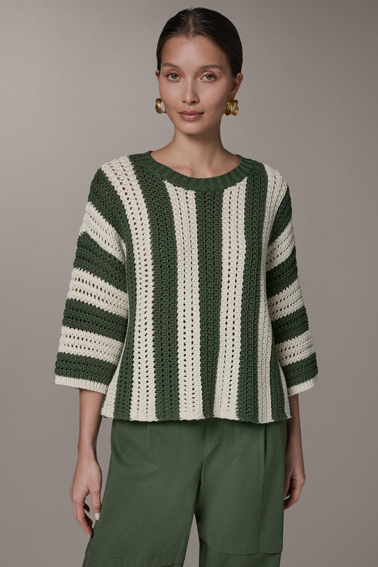 ELBOW SLEEVE POINTELLE STRIPE SWEATER - Verde/Cream
