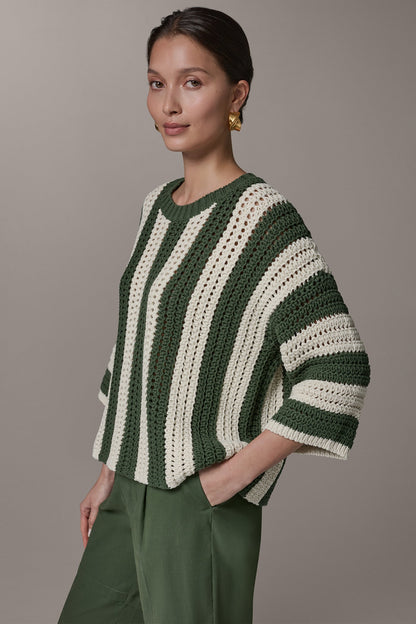 ELBOW SLEEVE POINTELLE STRIPE SWEATER - Verde/Cream