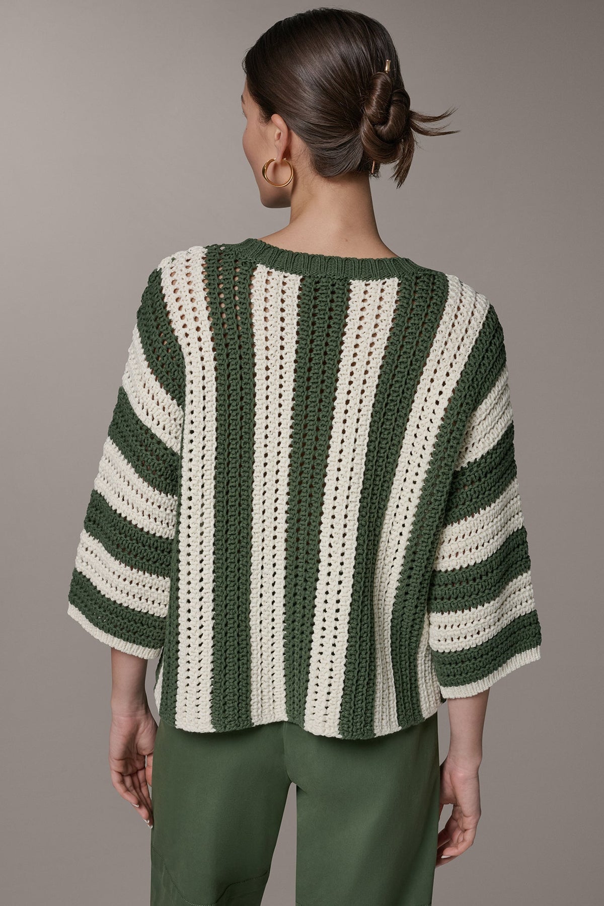 ELBOW SLEEVE POINTELLE STRIPE SWEATER - Verde/Cream