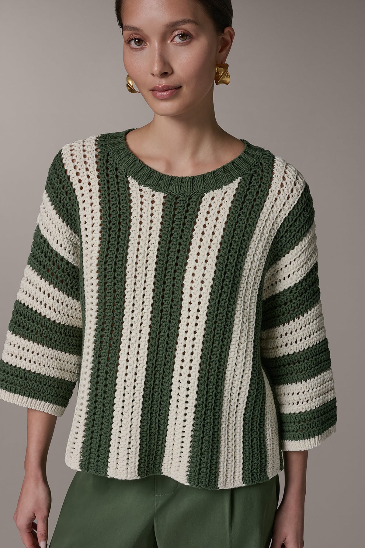 ELBOW SLEEVE POINTELLE STRIPE SWEATER - Verde/Cream