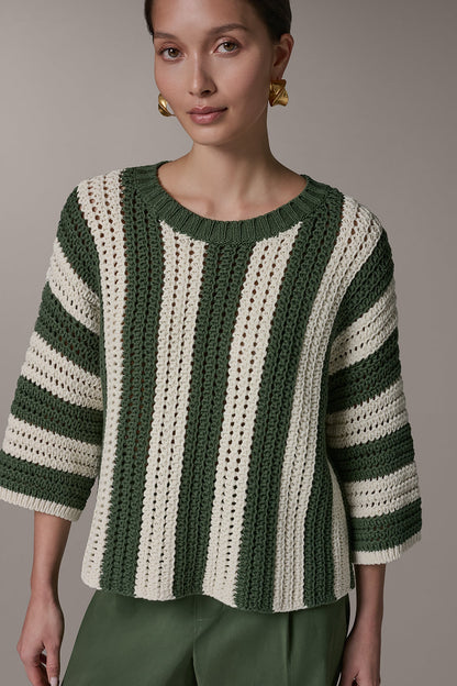 ELBOW SLEEVE POINTELLE STRIPE SWEATER - Verde/Cream